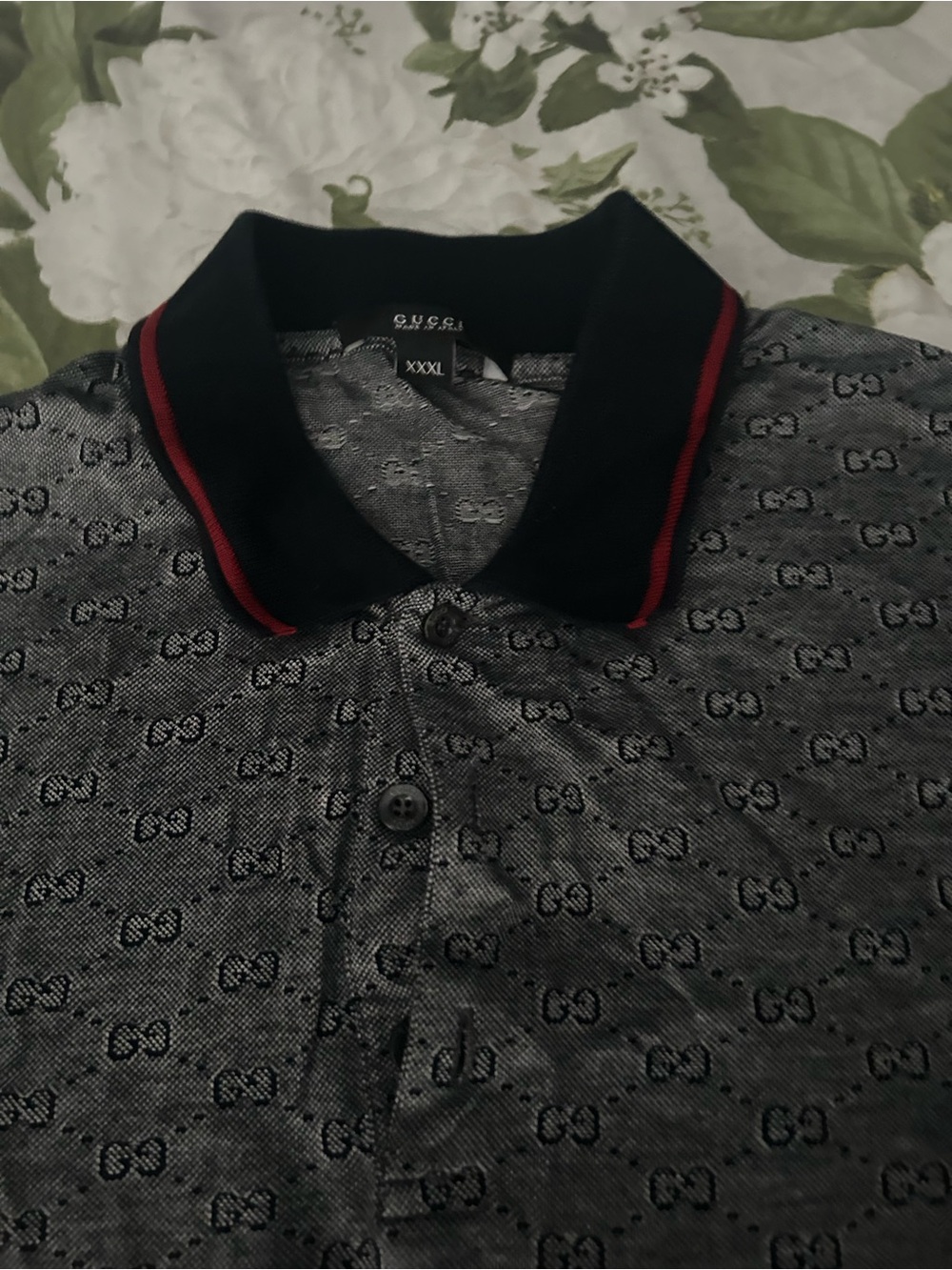 Gucci Men’s Black Polo with Gray GG Jacquard and Red Trim